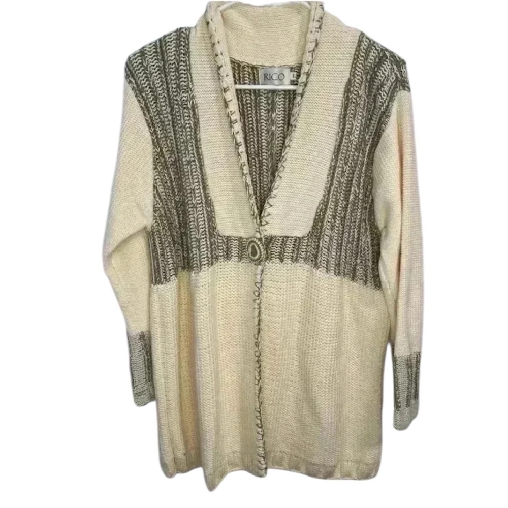 Rico Handknit Women Cotton Cardigan Large L Cream Boho‎ Grannycore Cottagecore